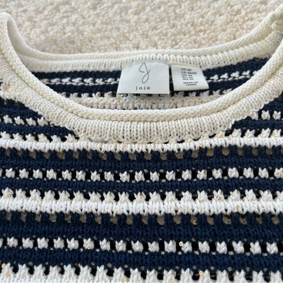 Joie Blue White Nautical Preppy Crew Neck Striped Short Sleeve Sweater-M - Picture 12 of 13
